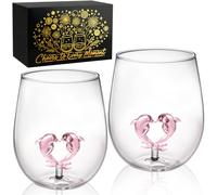 Hand-Blown 3D Dolphin Pink Heart Stemless Wine Glasses Set of 2, 14oz Unique Gifts for Women - Valentines Day, Wedding, Cute Gifts for Girlfriend, Wife, Husband & Ocean Lovers