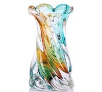 Hand Blown Art Glass Sculpture Vase,Heavy Large Opening Swirl/Tear Drop Shape,Murano Style Glass Flower Vase for Home Accent,Modern Teal Amber Bedroom Decor,Coffee Table Centerpieces (Teal Amber)