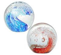 Hand Blown Glass Paperweights, Ocean Wave Decorative Balls, Glass Globes for Home Decor, Unique Collectible Crafts, Set of 2 in Lake Blue and Orange