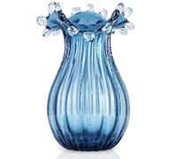 Hand Blown Glass Vase, Distinctive Blue Vase, Wide Neck Glass Vase, Modern Art Deco Vase, Suitable for Table Decoration for Dining Tables, Offices, Coffee Tables and Hallways