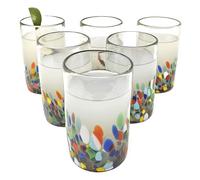 Hand Blown Mexican Drinking Glasses - Set of 6 Confetti Carmen Design Glasses (14 oz each)
