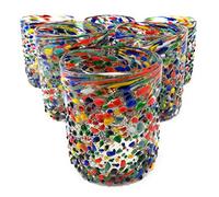 Hand Blown Mexican Drinking Glasses - Set of 6 Confetti Rock Tumbler Glasses (10 oz each)