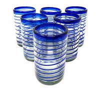 Hand Blown Mexican Drinking Glasses - Set of 6 Glasses with Cobalt Blue Spiral Design (14 oz each)
