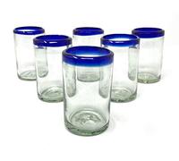 Hand Blown Mexican Drinking Glasses - Set of 6 Juice Glasses with Cobalt Blue Rims (8 oz each)