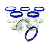 Hand Blown Mexican Drinking Glasses - Set of 6 Tumbler Glasses with Cobalt Blue Rims (10 oz each)