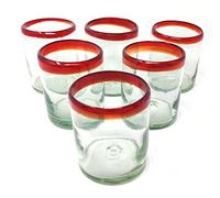 Hand Blown Mexican Drinking Glasses - Set of 6 Tumbler Glasses with Red Rims (10 oz each)