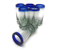 Hand Blown Mexican Tequila Shot Glasses - Set of 6 Cobalt Blue Rim Tequila Shot Glasses (2 oz each)