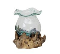 Hand Blown Molten Glass Bowl with Teak Root Base, Aqua Crinkle Vase, Recycled Glass Rustic Wood Centrepiece, 24x19x24cm