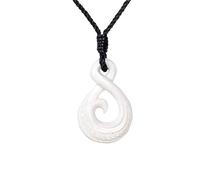Hand-Carved Bone Large Single Twist Pikorua and Koru Spiral Pendant - Men's Surfer Accessories - Handmade Tribal Black Cord Necklace - Maori-Style Natural Boho Jewellery for Women