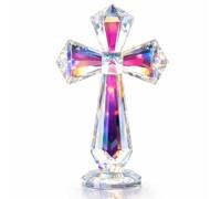 Hand-Carved Crystal Cross Desk Decor - 6 Inch Spiritual Gift for Christians, Clear K9 Crystal Religious Figurine with 360° Faceted Design, Home Altar & Office Inspirational Ornament (Multi-Colored)