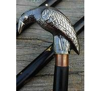 Hand Carved Eagle Head Wooden Walking Cane, Brass Skull Handle, Leather Strap, Sturdy Build