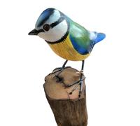 Hand Carved Garden Bird Wooden Ornament - Blue Tit On Tree Trunk - 15 cm