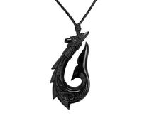 Hand-Carved Horn Large Jagged HEI Matau Whale Tail Pendant - Men's Taonga Surfer Accessory - Handmade Tribal Black Fish Hook Necklace - Maori-Style Amulet - Natural Jewellery for Women