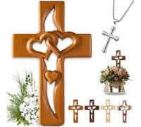 Hand-Carved Intertwined Hearts Wooden Cross, Vintage Elegant Marriage Cross for Wall Decor, Handmade Coffee Brown Wood Wall Hanging, Symbol of Faith, Love & Devotion, for Wedding, Anniversary (B1)