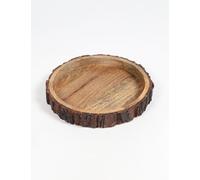 Hand Carved Real Mango Wood Log Round Bark Serving Tray 25 x 25 x 4cm, Brown - Rustic Natural Bark Edge Platter for Snacks, Fruit & Table Decor