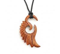 Hand-Carved Wooden Phoenix Wing Pendant Necklace, Brown, Adjustable Black Cord