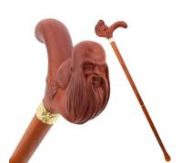 Hand-Carved Wooden Walking Cane, Wise Elder Face Handle, Brown, Gold Collar Accent