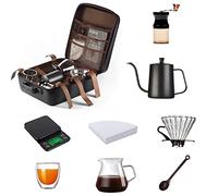 Hand Coffee Gift Set, Portable Coffee Kit Maker, Mannal Grinder, Dripper, 600ml Kettle, Glass Server, 250ml Mug, Timer Scale, Travel Bag