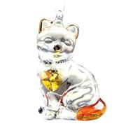 Hand Crafted Pretty Little Kitty Glass Cat Suncatcher Embellished with Crystal Heart & Gold Painted Ears (Topaz)