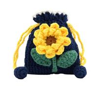 Hand-Crochet Drawstring Pouch, Soft Yarn Mini Coin Purse, Navy Sunflower | Cute fruit & animal design, premium soft yarn, mini storage bag, holds coins keys lipsticks, ideal gift for women and girls