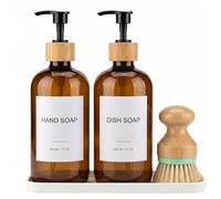 Hand & Dish Soap Dispenser with Dish Brush, Washing Up Liquid Dispenser Set 600ml/21oz, PET Plastic Bottle with Bamboo Pump, Silicone Tray & 8 Waterproof Labels for Kitchen Sink (Amber)