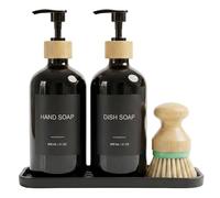 Hand & Dish Soap Dispenser with Dish Brush, Washing Up Liquid Dispenser Set 600ml/21oz, PET Plastic Bottle with Bamboo Pump, Silicone Tray & 8 Waterproof Labels for Kitchen Sink (Black)
