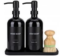Hand & Dish Soap Dispenser with Dish Brush, Washing Up Liquid Dispenser Set 600ml, PET Plastic Bottle with Stainless Steel Pump, Silicone Tray & 8 Waterproof Labels for Kitchen Sink (Black)