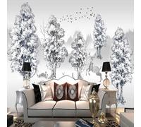 Hand Drawn Abstract Black and White Forest Deer Flying Birds 3D Wallpaper Premium Textured Silk Study Dining Living Room Bedroom Sofa TV Wall Easy Install-350cm×256cm