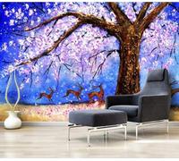 Hand Drawn Abstract Elk Purple Flowers Big Tree 3D Wallpaper Textured Silk Easy Install Living Room Sofa Bedroom Dining Room Home Decoration Wall-300cm×210cm
