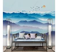 Hand Drawn Abstract Watercolour Mountain Peaks Flying Birds Sunrise 3D Wallpaper Premium Textured Silk Study Dining Living Room Bedroom Sofa TV Wall Easy Install-350cm×256cm