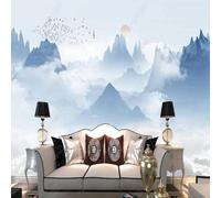 Hand Drawn Abstract Watercolour Mountain Peaks Sunrise Flying Birds 3D Wallpaper Premium Textured Silk Study Dining Living Room Bedroom Sofa TV Wall Easy Install-150cm×105cm