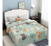 Hand Drawn Animals Throw Blanket Soft Fluffy Blankets for Bedroom Sofa, Cartoon Cat Microfuber Cozy Plush Warm Green Flannel Blankets for Adults Couch Travel Double