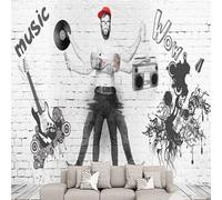 Hand Drawn Art Guitar Music Vintage Brick Wall 3D Wallpaper Premium Textured Silk Study Dining Living Room Bedroom Sofa TV Wall Easy Install-300cm×210cm