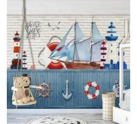 Hand Drawn Art Wood Grain Brick Walls Sailboats Lighthouses 3D Wallpaper Premium Textured Silk Study Dining Living Room Bedroom Sofa TV Wall Easy Install-250cm×170cm
