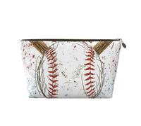 Hand Drawn Baseball Bats and Ball Printed Leather Travel Toiletry Makeup Bag with Gold Zipper for Women on the Go