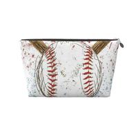 Hand Drawn Baseball Bats and Ball Printed Leather Travel Toiletry Makeup Bag with Silver Zipper for Women on the Go