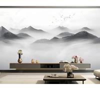 Hand Drawn Black and White Mountain Peaks Birds in Flight Landscape 3D Wallpaper Easy Install Feature Office Living Room Sofa Bedroom TV Background Wall Decoration-400cm×280cm
