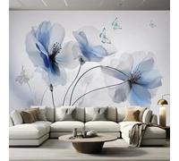 Hand Drawn Blue Flowers Butterflies Art Modern 3D Wallpaper Premium Textured Silk Neutral Tones Material Ideal for Living Room Bedroom-300cm×210cm