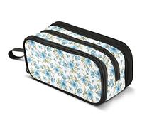 Hand Drawn Blue Flowers Pencil Case Large Capacity Pen Pouch Makeup Bag with 3 Compartments Pen Holder Organizer Stationery Bag for Girls Womens
