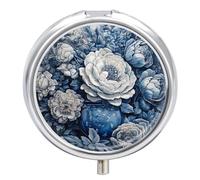 Hand Drawn Blue Flowers Pill Organizer 3 Compartment Travel Pillbox with Mirror Daily Medicine Pill Case Metal Pill Box for Purse & Pocket Portable Small Medicine Box Round Vitamin Case Container