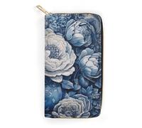 Hand Drawn Blue Flowers Slim Thin Credit Card Wallet, PU Leather Bifold Cash Wallet, Zipper Coin Pocket Id Window Wallet Storage Bag Wallet Coin Purse Pouch Change Holder Small with Zipper for Men And