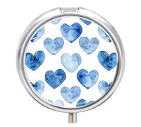 Hand Drawn Blue Heart Pill Box 3 Compartment Travel Pill Organizer 3 Times A Day Cute Mini Pill Case for Purse & Pocket Portable Metal Medicine Box with Mirror Round Daily Medicine Vitamin Container