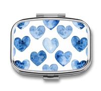 Hand Drawn Blue Heart Pill Box Travel Pill Organizer 2 Compartment Weekly Pill Case with Mirror A Day Medicine Container Medicine Organizer for Purse, Pocket, Or Wallet