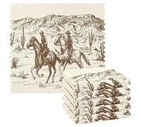 Hand Drawn Brown Retro American Wild West Desert Horse with Cowboy 6 Set Kitchen Dish Towels, Washcloths Cleaning Cloths Dish Cloths, Absorbent Towels Lint Free Bar Tea Soft Waffle Towel 11"x11"