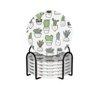 Hand Drawn Cactus Print,Round Ceramic Coasters, Mugs Pad, Cups Mat Set of 6 Drinks Coasters With Holder