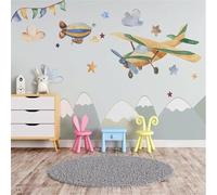 Hand Drawn Cartoon Art Aeroplanes White Clouds Stars 3D Wallpaper Luxury Silk Study Dining Feature Sofa Grey Bedroom Living Room Tv Decorative Wall-250cm×170cm