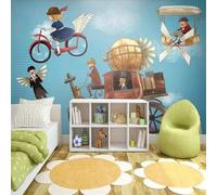 Hand Drawn Cartoon Art Architecture Flying Bicycle 3D Wallpaper Silky Texture Home Study Office Grey Dining Room Sofa Bedroom Living Room TV Backdrop-430cm×300cm