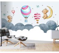 Hand Drawn Cartoon Bear Hot Air Balloon Stars Moon 3D Wallpaper Silky Texture Home Study Office Grey Dining Room Sofa Bedroom Living Room TV Backdrop-150cm×105cm