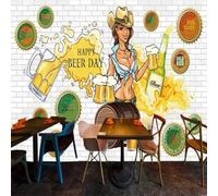 Hand Drawn Cartoon Beauty White Brick Wall Beer 3D Wallpaper Premium Textured Silk Study Dining Living Room Bedroom Sofa TV Wall Easy Install-400cm×280cm