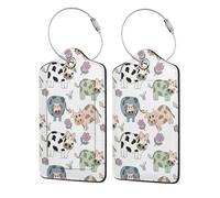 Hand Drawn Cartoon Cow,Luggage Tags Pu Leather Name Tag Travel Suitcase Identifier ID Tags Durable Luggage Label 2 pcs